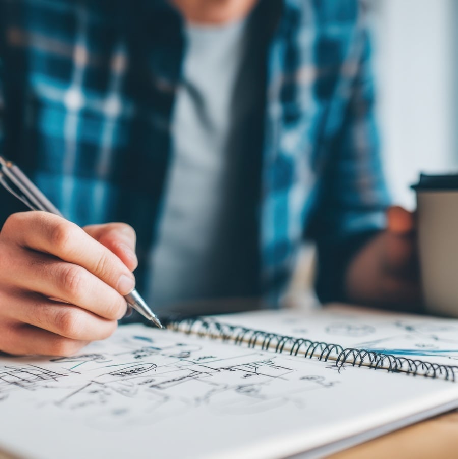 Creative brainstorming session with person sketching ideas in notebook while holding coffee cup Creative brainstorming session with person sketching ideas in notebook while holding coffee cup